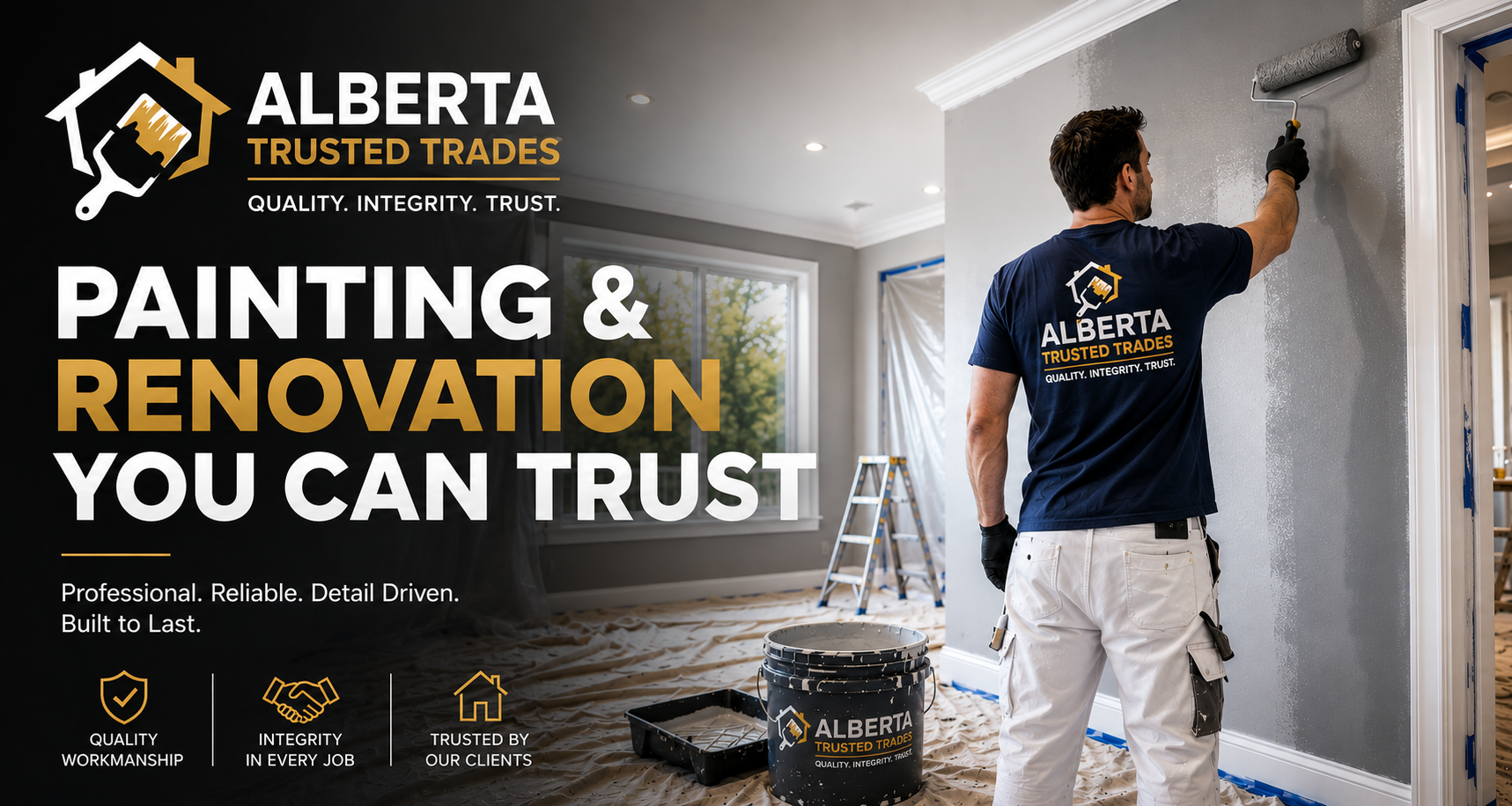 A painter painting a wall in a home with gray paint, wearing a navy blue shirt with the logo and name of Alberta Trusted Trades, a bucket and tray of paint on the floor, and a ladder in the background.