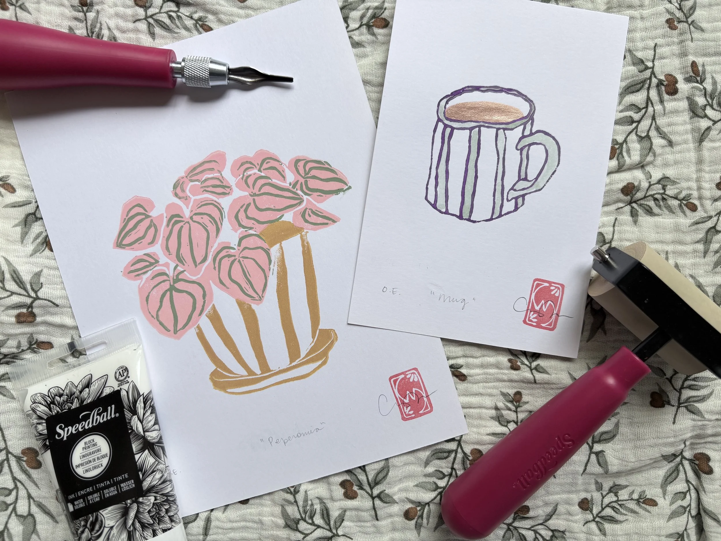 linocut prints showing a potted plant and a mug