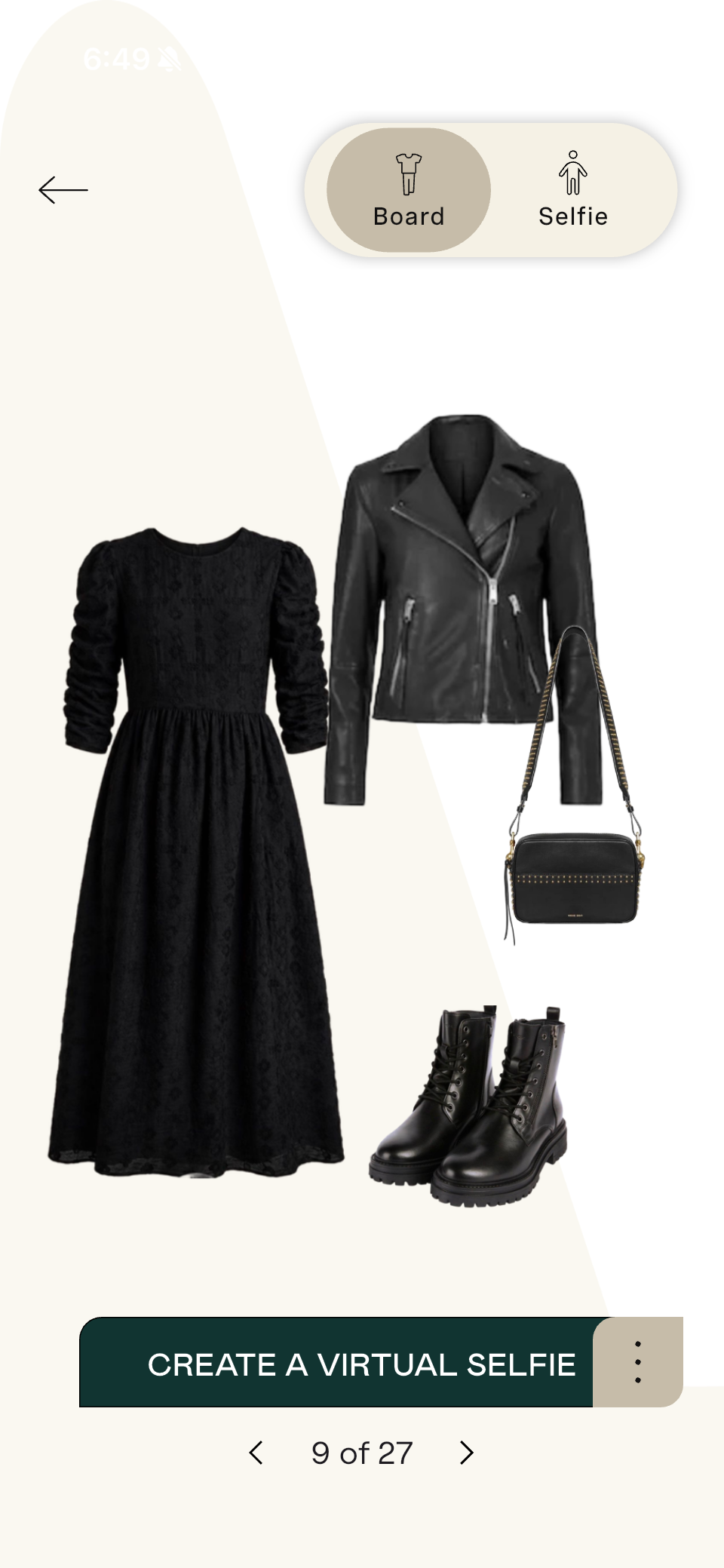 Virtual outfit planner view on the Indyx digital wardrobe app showcasing a capsule outfit configuration.