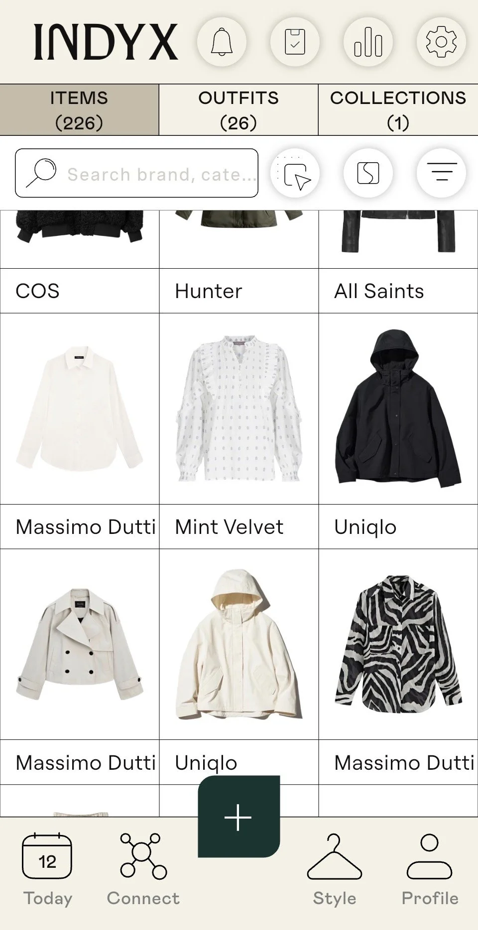 Indyx digital closet organizer app interface showcasing an indexed clothing item database.