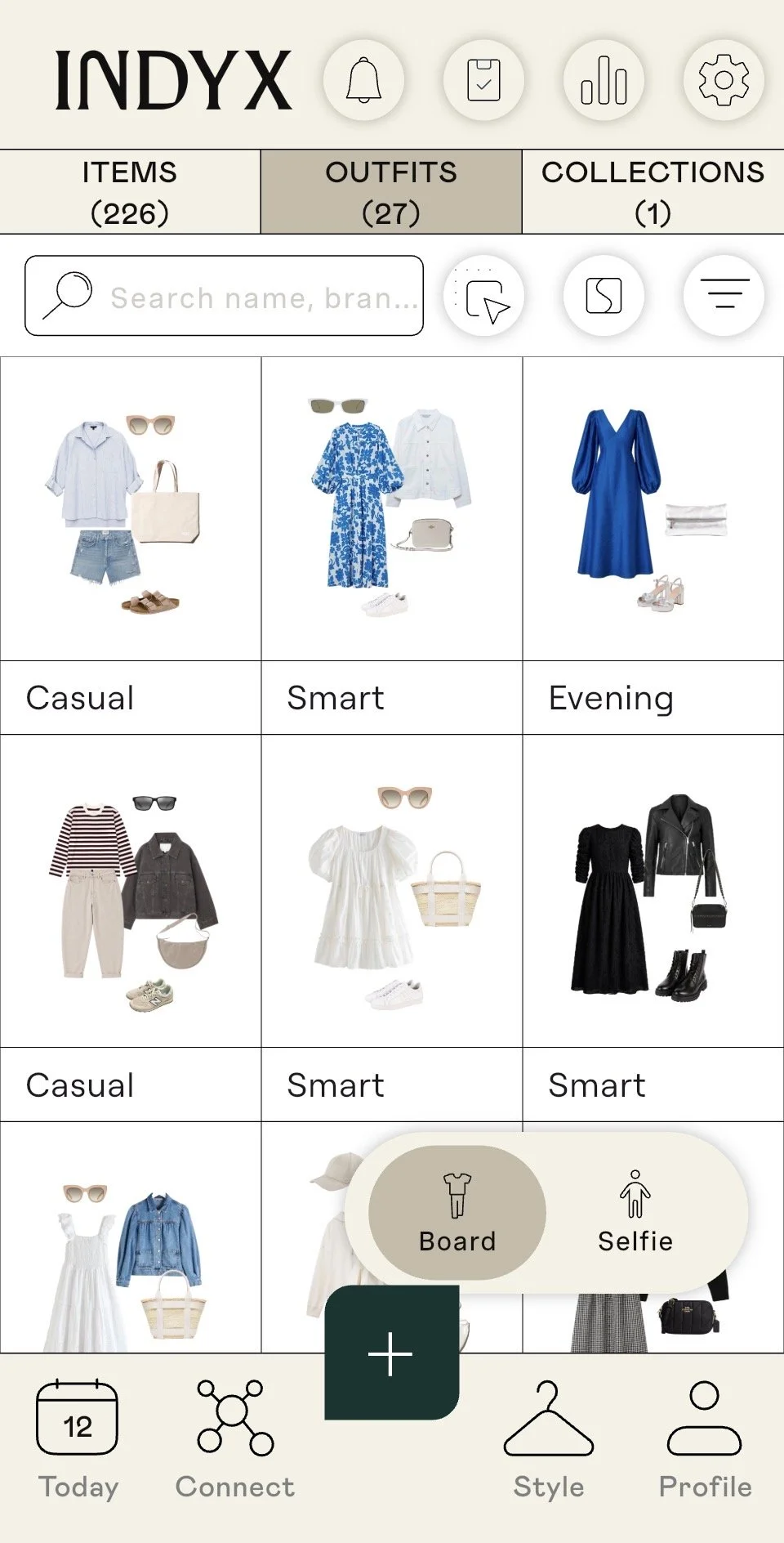 Indyx digital wardrobe app interface displaying curated outfits in a grid format with item and collection trackers.