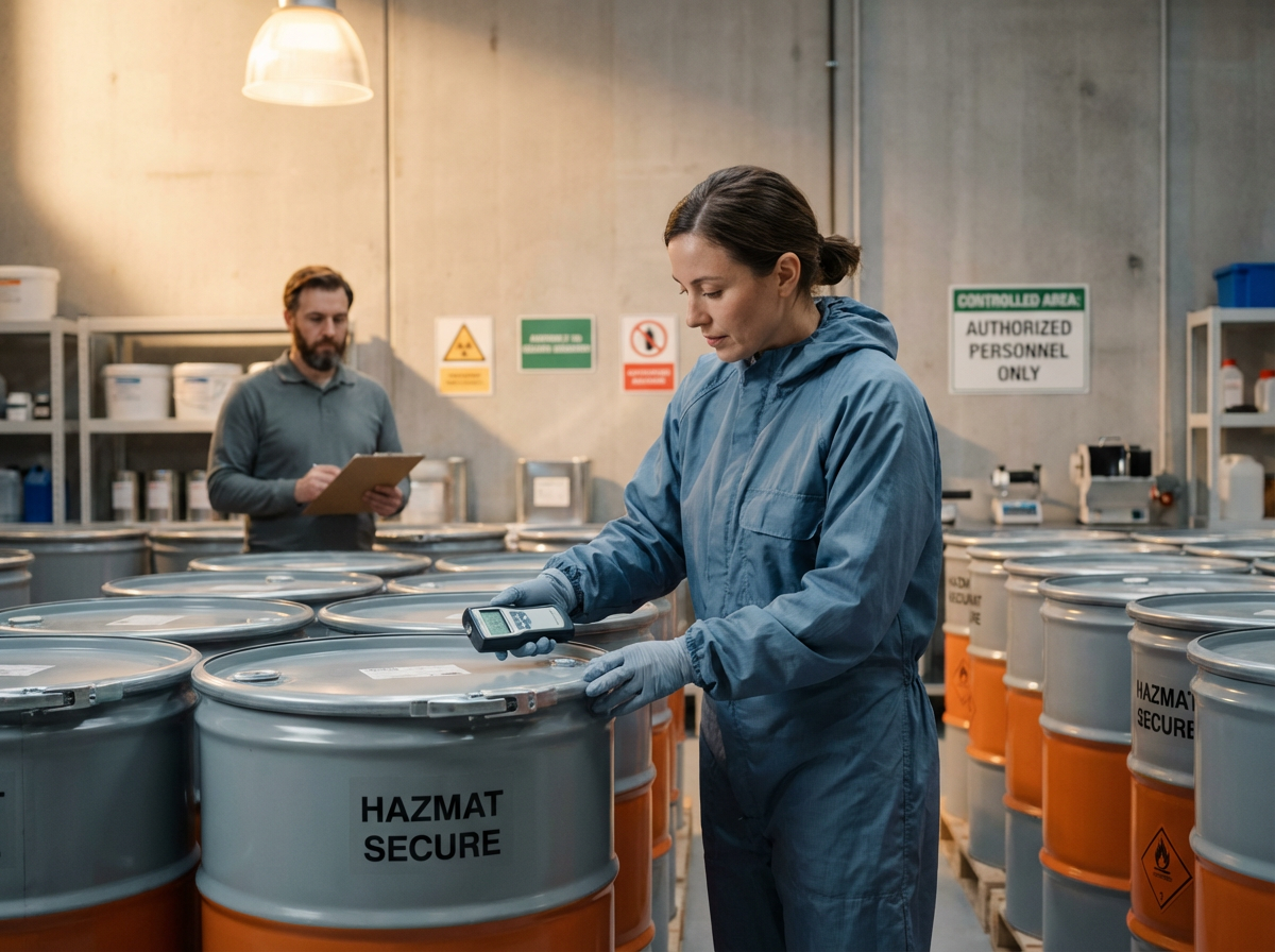 A woman in a blue protective jumpsuit and gloves operates a handheld device in a storage room filled with metal barrels labeled "Hazmat Secure." A man with a clipboard stands in the background among more barrels, with safety and warning signs on the wall.