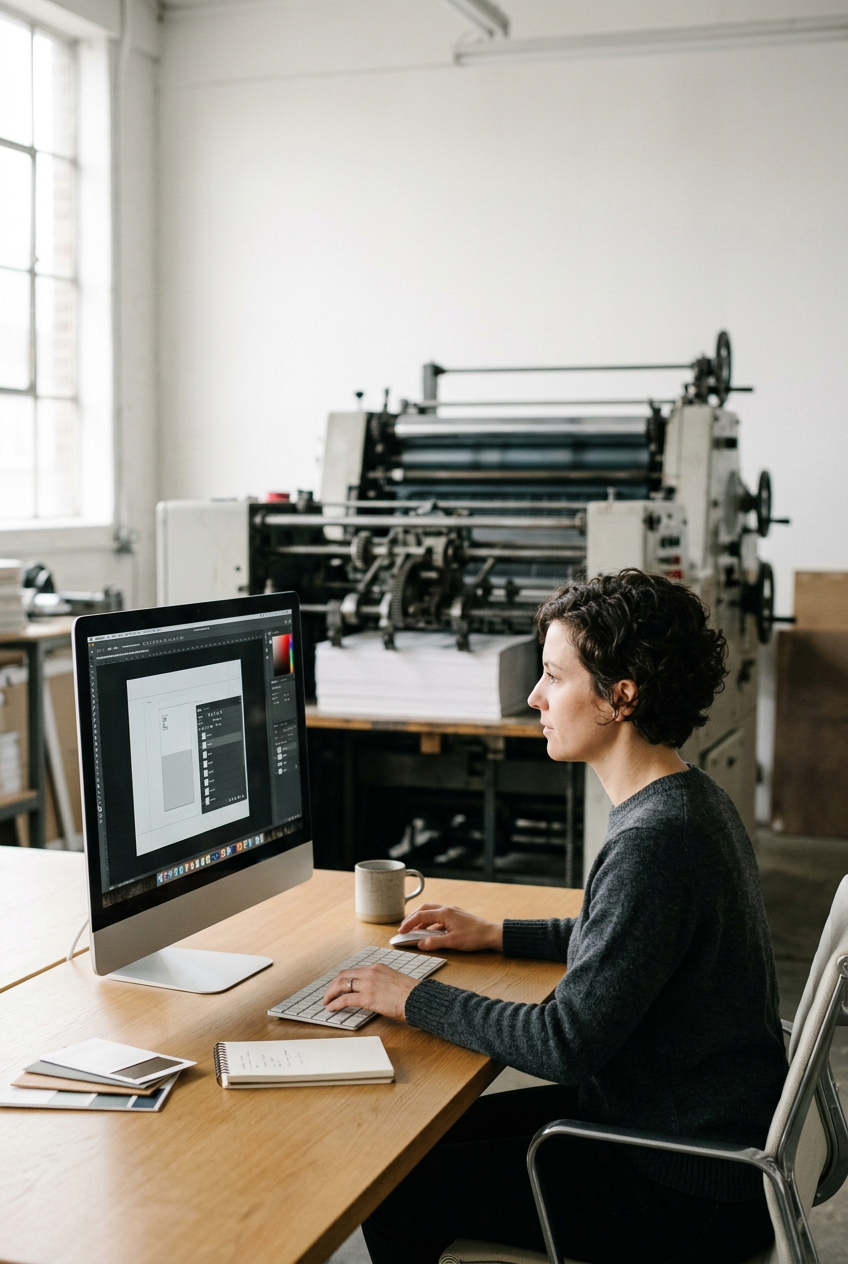 Woman working on a computer at a wooden desk in a print shop or design studio, with a large printing machine in the background.