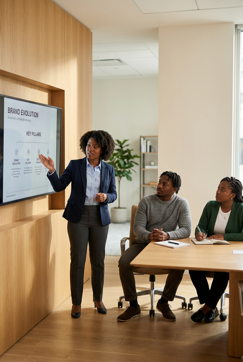 A woman in a navy blazer is giving a presentation to two seated individuals in a conference room with wooden walls and a large window.