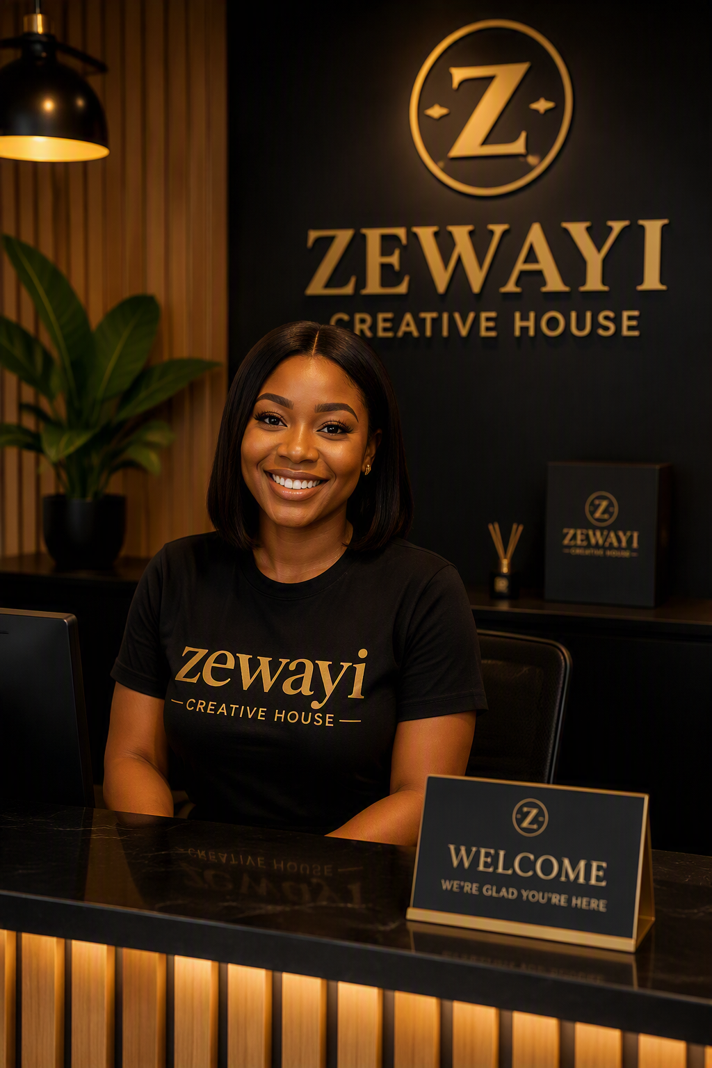 A woman smiling at a reception desk with a sign that reads "WELCOME, WE'RE GLAD YOU'RE HERE". She is wearing a black T-shirt with "zewayti CREATIVE HOUSE" printed on it. Background includes a dark wall with the same logo and name, a potted plant, and modern decor.