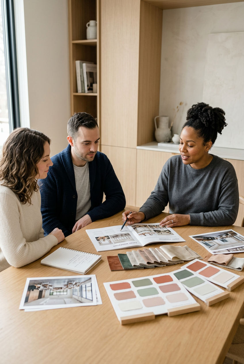Three people sitting at a table discussing interior design, with color sample swatches, fabric pieces, and design magazines on the table.