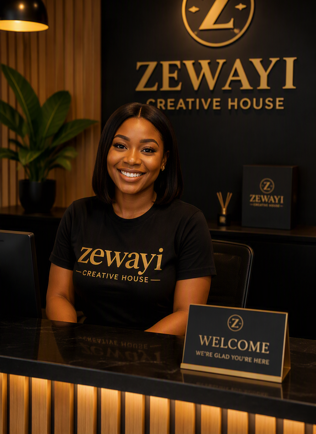 A smiling woman sitting at a reception desk with a sign that says "Welcome We're Glad You're Here" in a modern office lobby with a large plant and a black and gold sign reading "Zewayi Creative House" in the background.