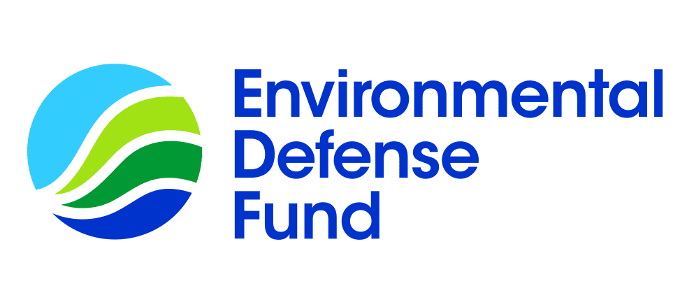 Logo of the Environmental Defense Fund featuring a blue and green globe with waves, next to the organization's name in blue text.