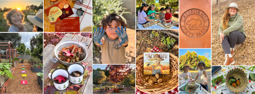 A collage of eleven images showing children playing outdoors, watering plants, preparing food, engaging in arts and crafts, and enjoying fall scenery and activities.