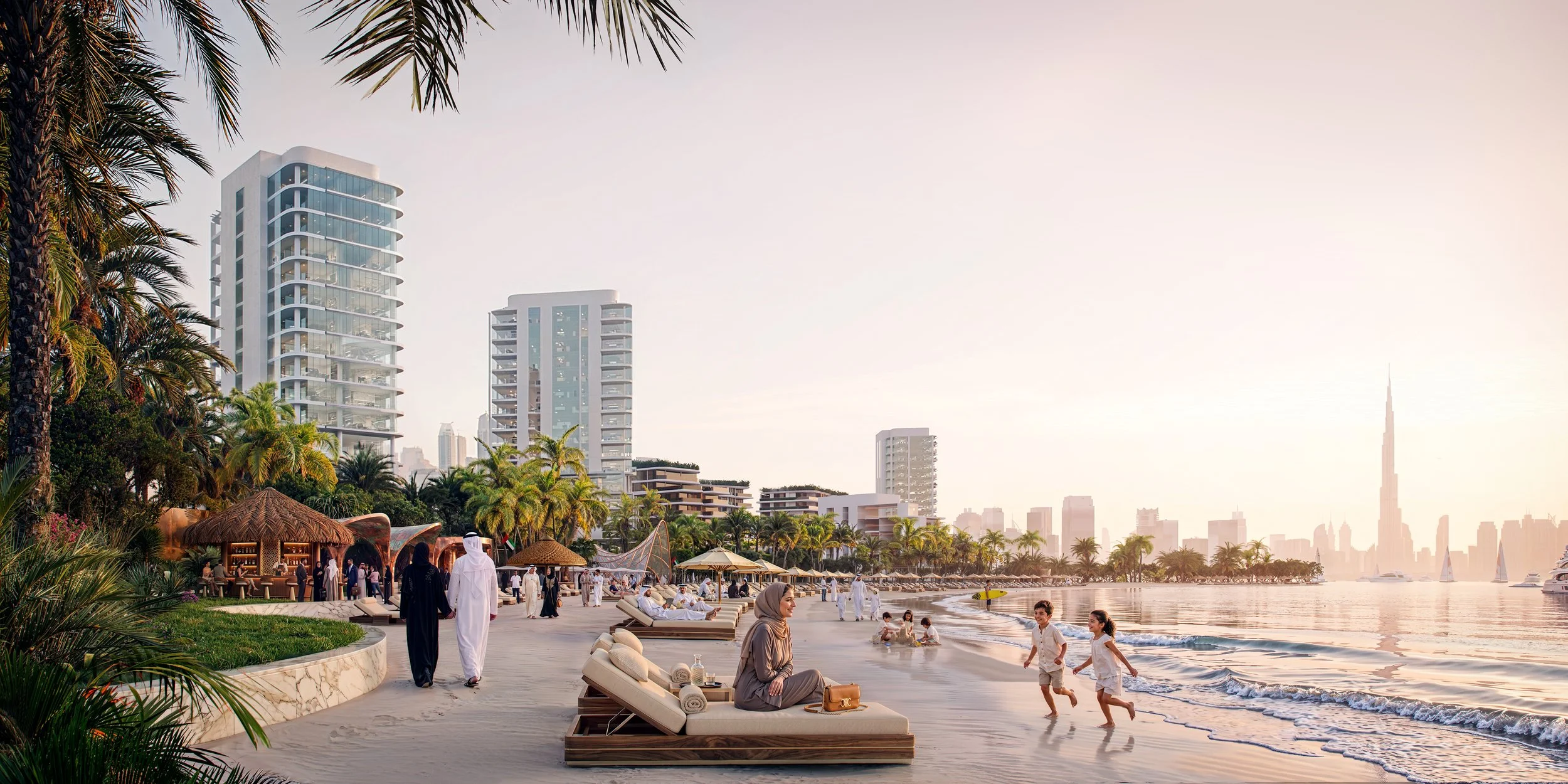 Luxury beachfront living in Dubai, featuring contemporary waterfront residences, lush palm landscaping, elegant beach amenities, families enjoying the shoreline, calm Arabian Gulf waters, and the Burj Khalifa skyline at golden hour.