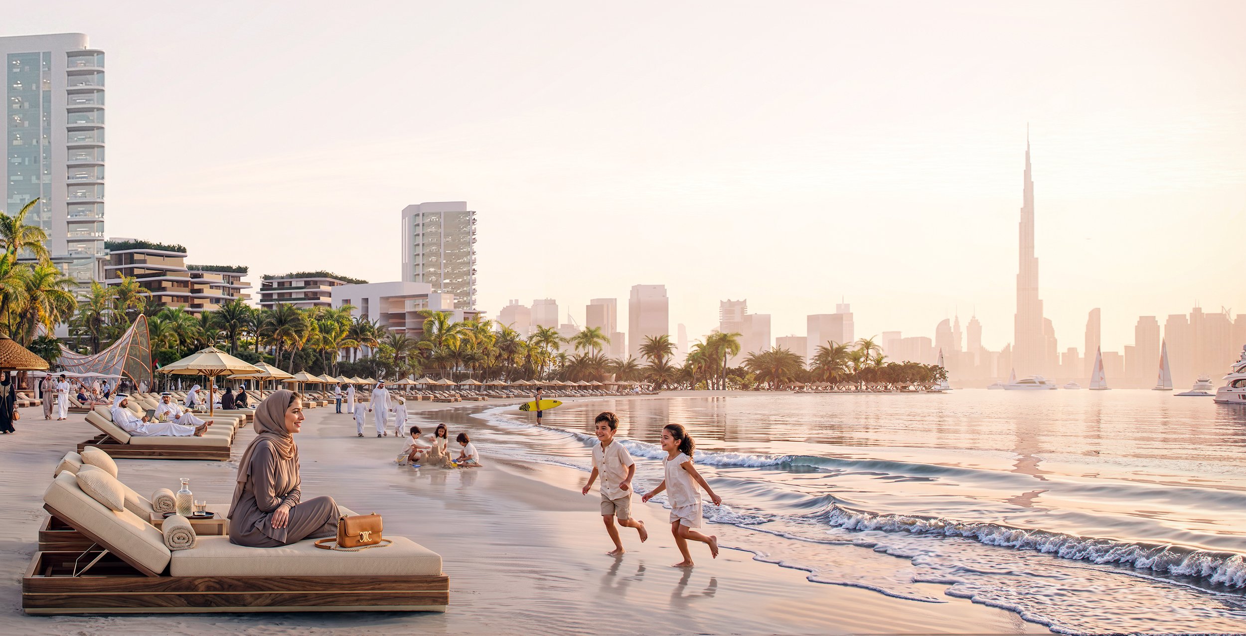 Luxury beachfront living in Dubai at golden hour, featuring a serene private beach, palm-lined resort architecture, elegant sun loungers, families enjoying the shoreline, calm Arabian Gulf waters, and the iconic Burj Khalifa skyline in the distance.