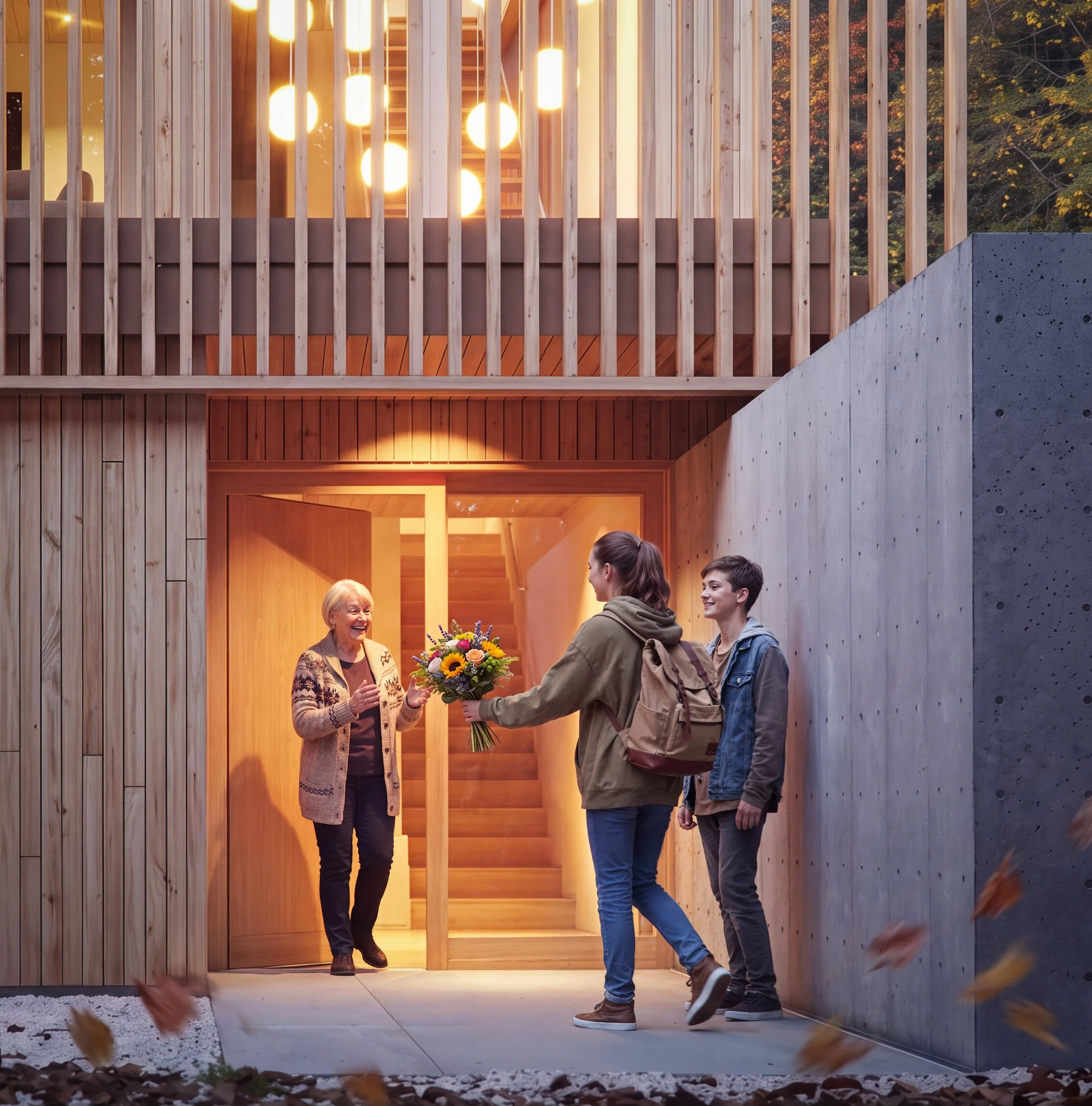 Warm contemporary home entrance featuring natural timber cladding, exposed concrete walls, vertical wood detailing, and welcoming ambient lighting, capturing a heartfelt family arrival in a modern forest retreat.