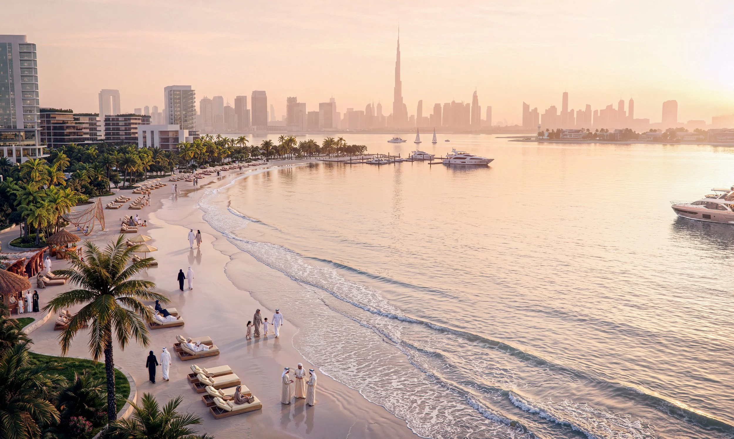 A luxury beachfront destination in Dubai at golden hour, featuring a palm-lined sandy beach, calm Arabian Gulf waters, private yachts, elegant waterfront residences, and the iconic Burj Khalifa skyline in the distance.