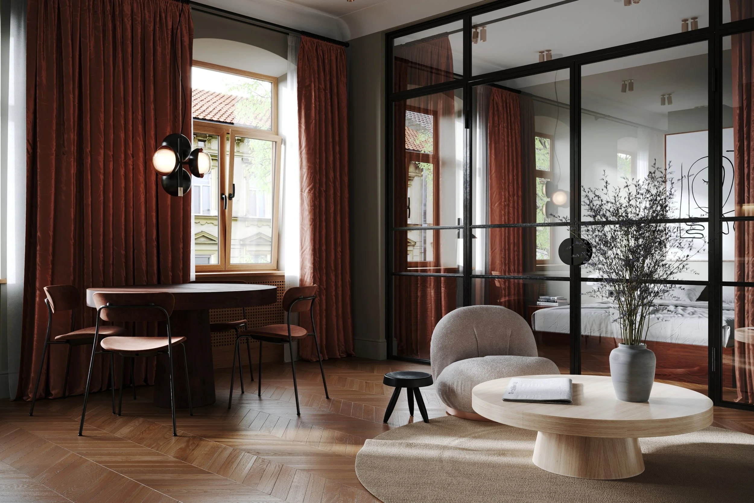 A modern interior room featuring a wooden dining table with chairs, a large window with red curtains, a glass partition with black metal framing, a potted plant in a white vase, and a cozy seating area with a round wooden coffee table and upholstered