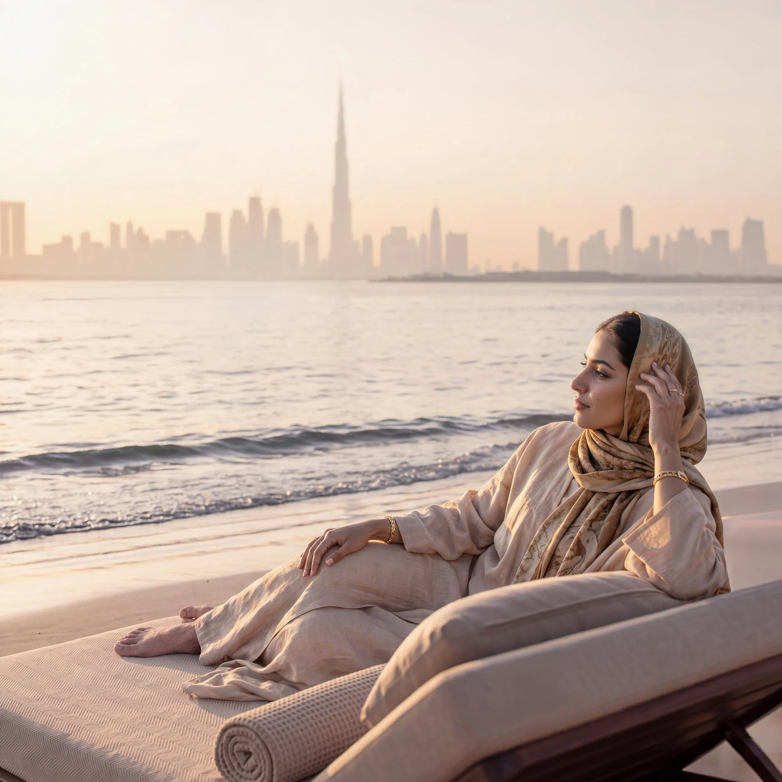 Luxury beachfront lifestyle in Dubai at golden hour, featuring a serene woman relaxing by the Arabian Gulf with gentle waves, warm sunset light, and the iconic Burj Khalifa and Dubai skyline in the distance.