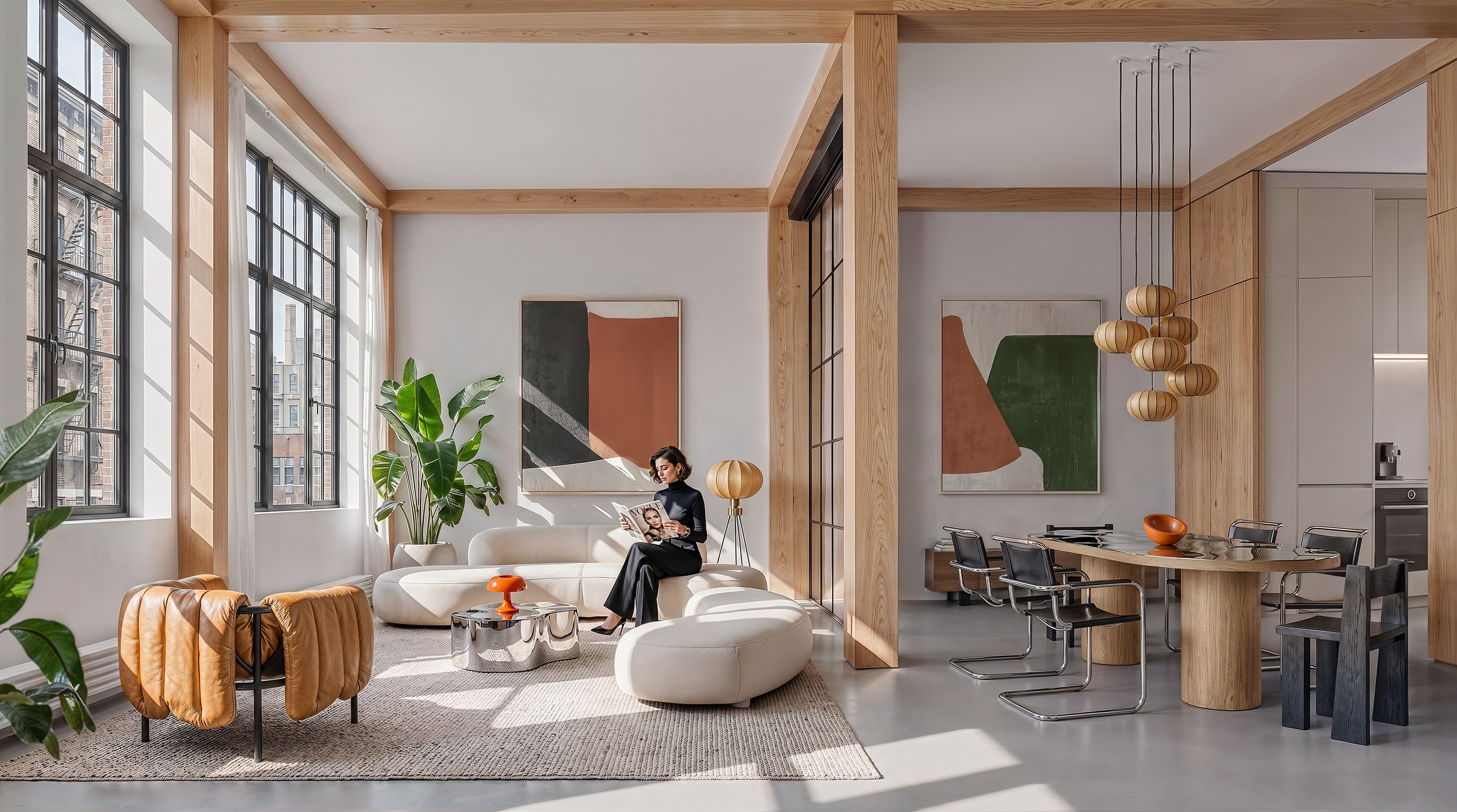 Modern open-concept living and dining area with large windows, wooden beams, abstract artwork, a woman sitting on a white sofa reading a magazine, and stylish decor including plants, lamps, and a dining table with chairs.