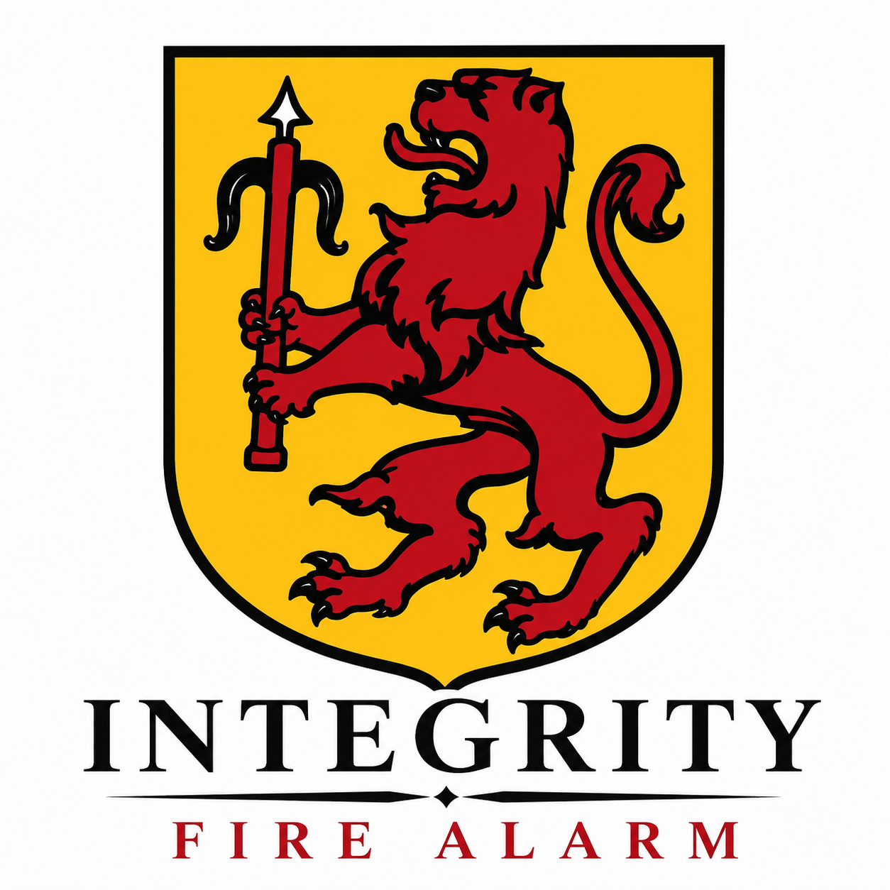 A shield with a yellow background and a red lion holding a spear. Below, the words 'INTEGRITY FIRE ALARM' are written, with 'INTEGRITY' in black and 'FIRE ALARM' in red.