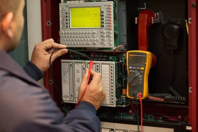 A technician is testing electrical components in a control panel using a multimeter and a testing device.