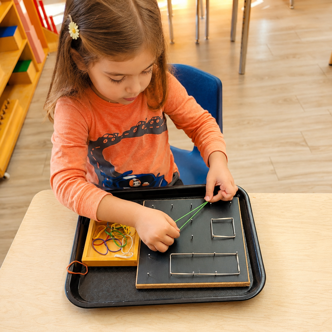 A young girl sitting at a table, playing with rubber bands and metal rods on a black testing board in a classroom or playroom.
