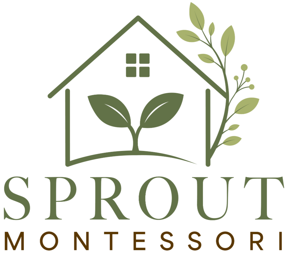 Logo for Sprout Montessori featuring a house shape with leaves, a small window, and botanical elements.