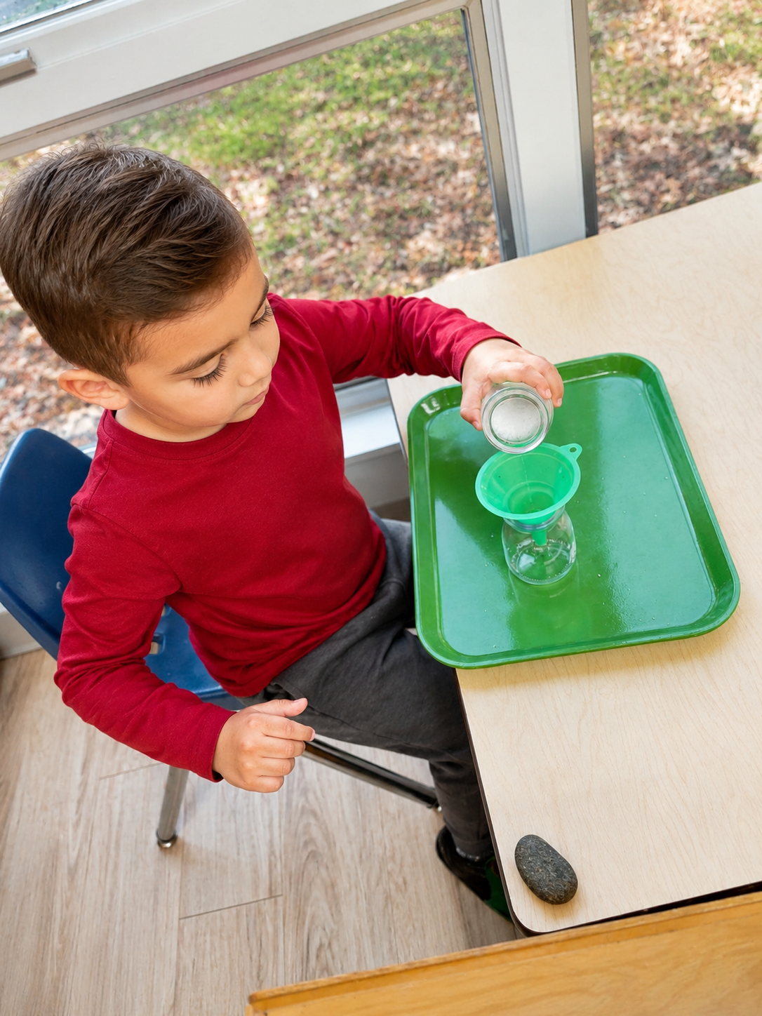 A young boy in a red shirt pours water into a green funnel set up on a tray, with a stone on the table beside him, next to a window showing an outdoor view.