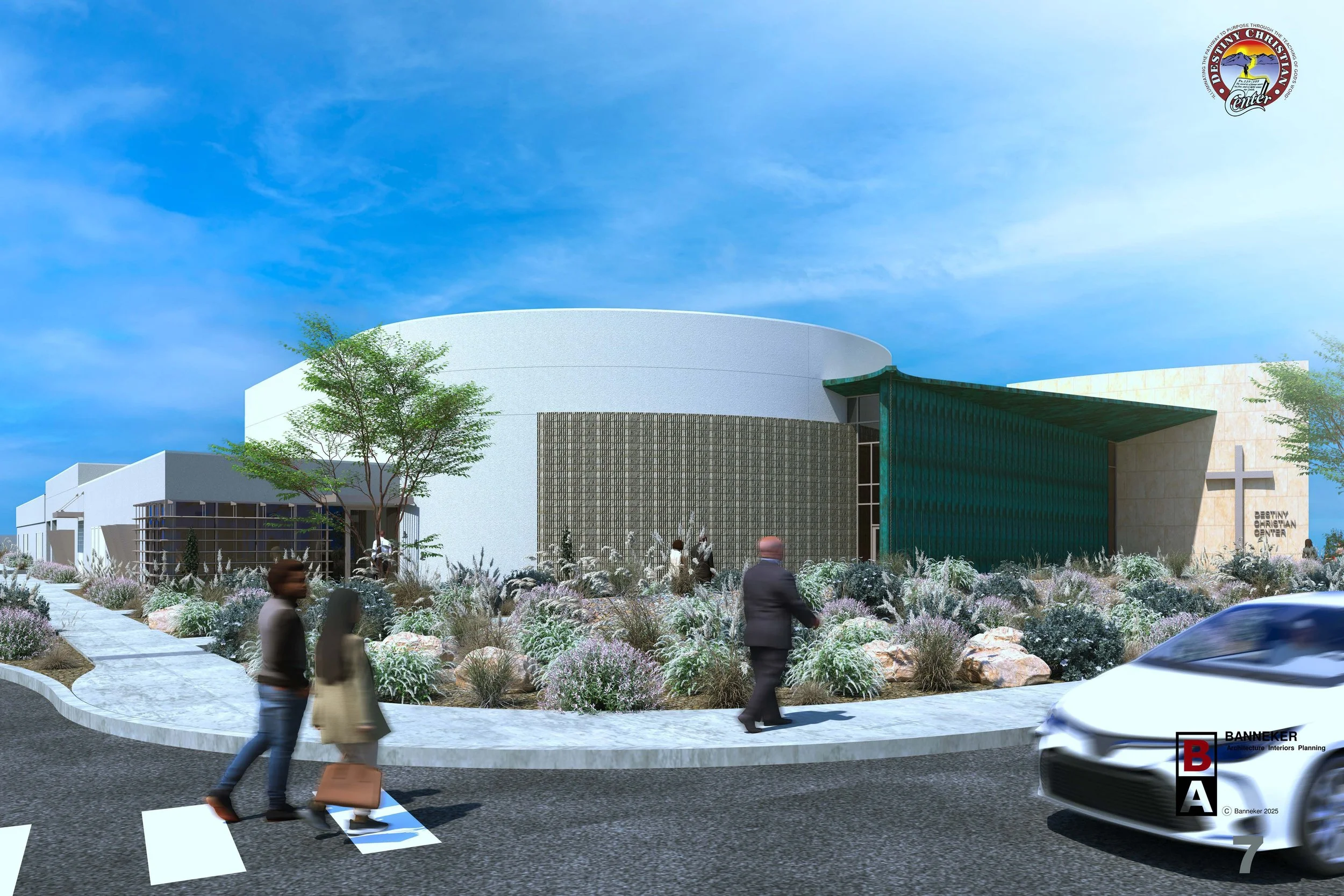 Front view of a modern church building with a curved white facade, a teal-colored entrance, and a cross, surrounded by landscaped plants and trees, with people walking by and a car passing in front.