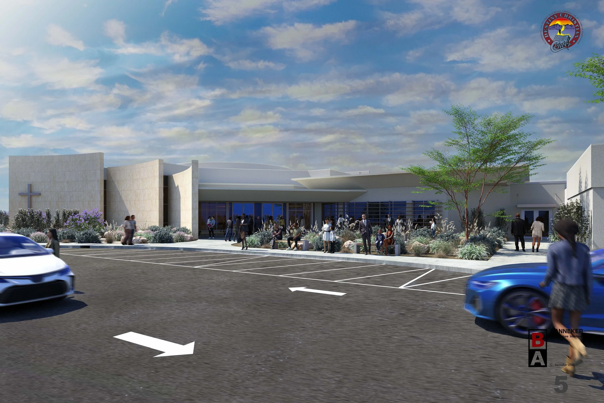 A modern church building with a large crowd of people gathered outside, some sitting and others walking. The church has a cross on its façade and large glass windows. There are trees and landscaping around the church, and a parking lot with marked sp