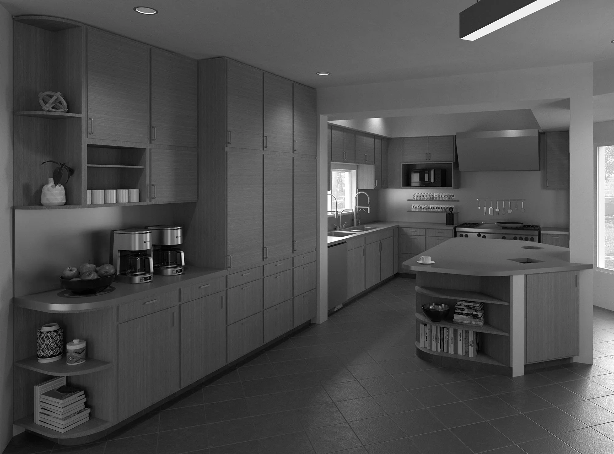 Kitchen with wooden cabinets, a kitchen island, a sink, microwave, and various kitchen accessories and appliances.