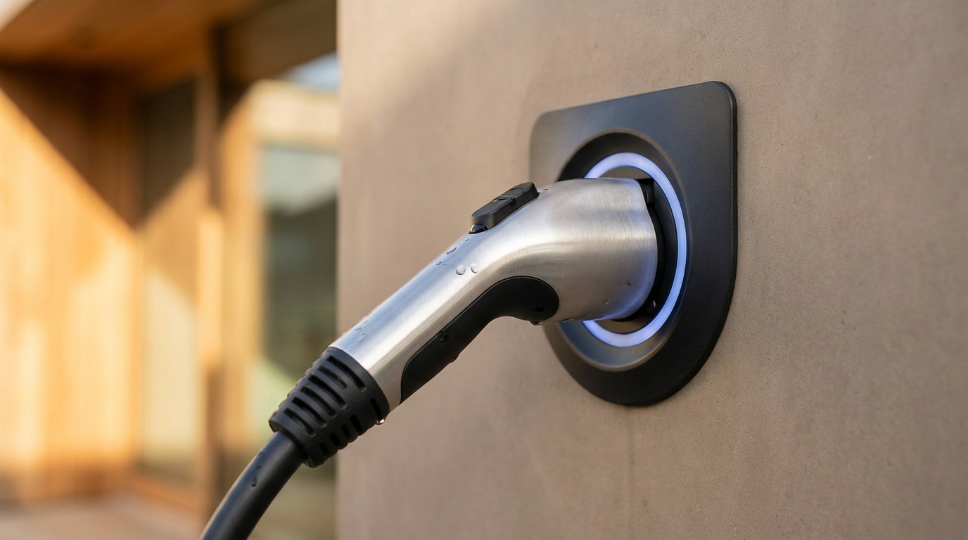 Electric vehicle charging port connected to a charging station.