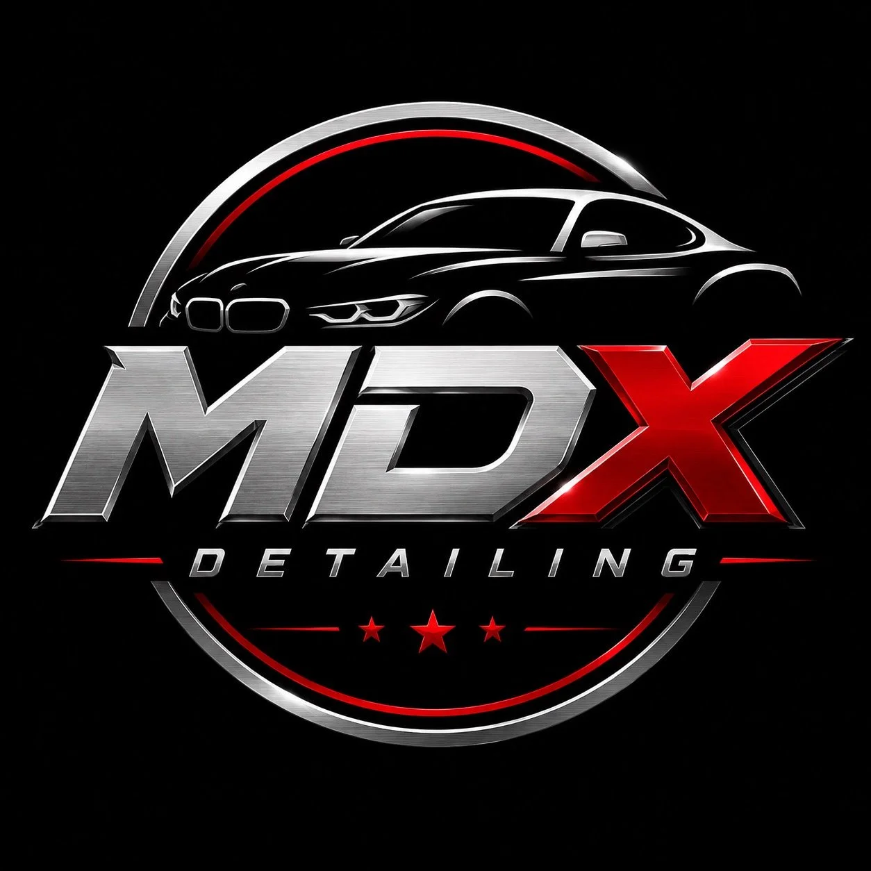 Logo for MDX Detailing featuring a black luxury car outline with silver and red accents on a black background.