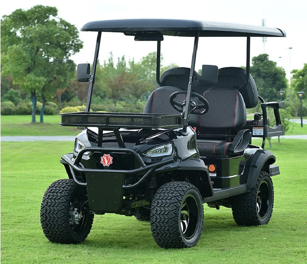 Black 4-Seater Electric Golf Cart with chrome wheels, extended roof, side mirrors, stereo, Apple Play, and storage