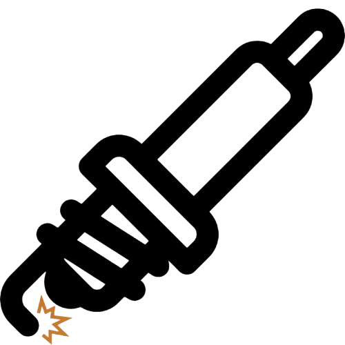 Illustration of a spark plug with a electricity spark at the tip and a burst symbol indicating a shot or injection.
