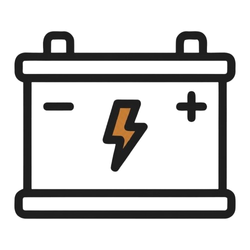 A 2D black-and-white icon of a car battery with its central lightning bolt highlighted in orange-brown (#CD8037), representing mobile battery diagnostics, jump starts, and replacement services provided by Oakville Mobile Auto[cite: 1, 2].