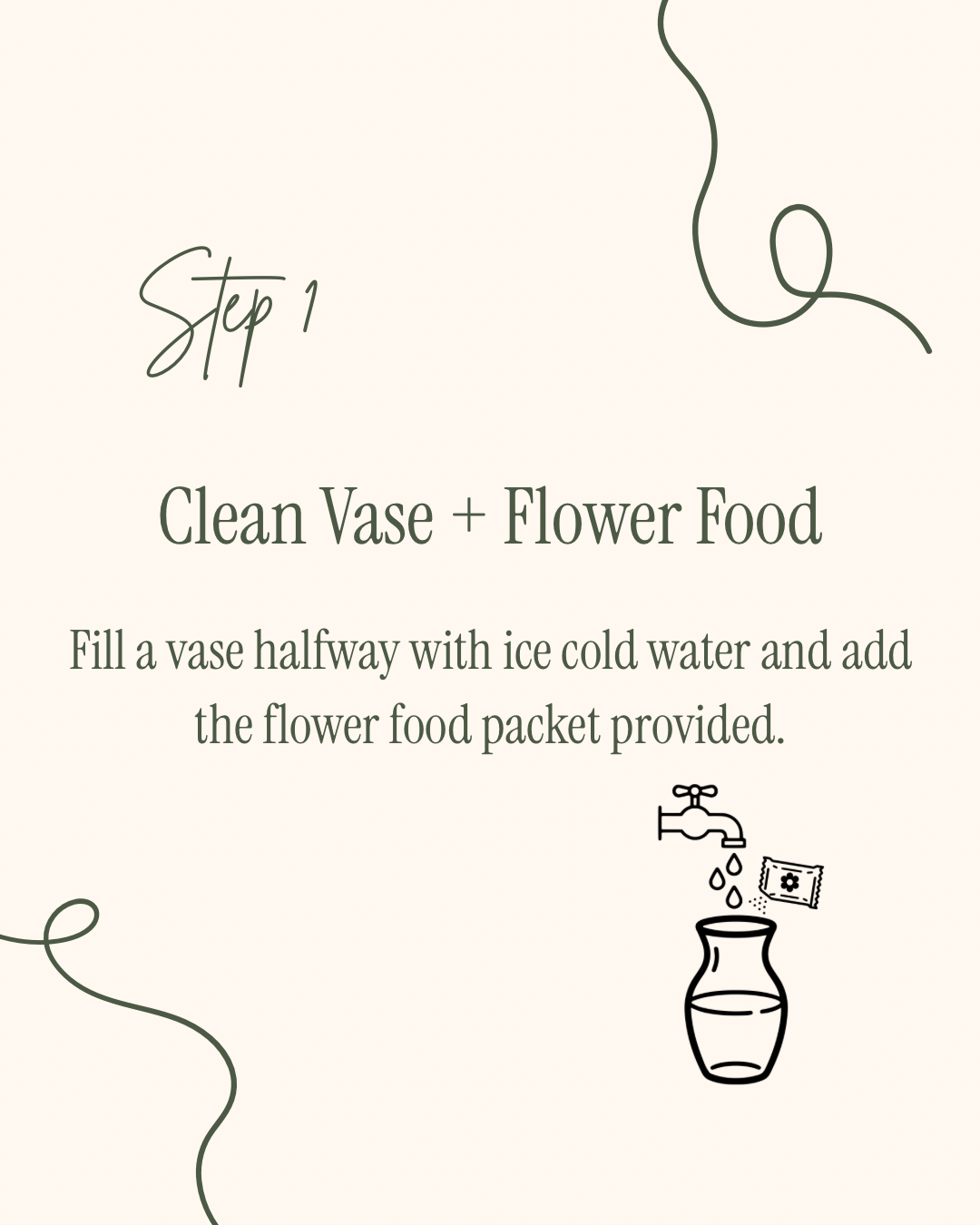 Instruction for cleaning a vase with floral food. Fill a vase halfway with ice-cold water and add the provided floral food packet.