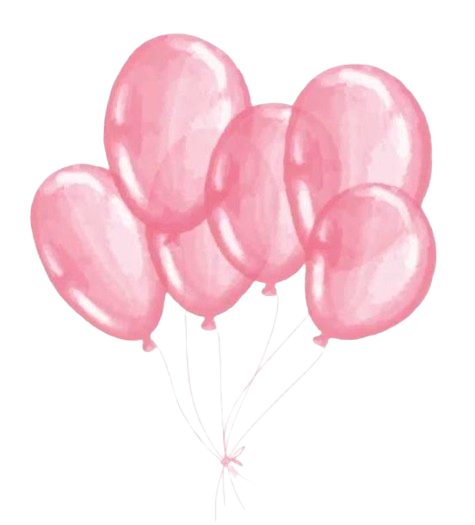 A cluster of six pink balloons tied together with white strings.