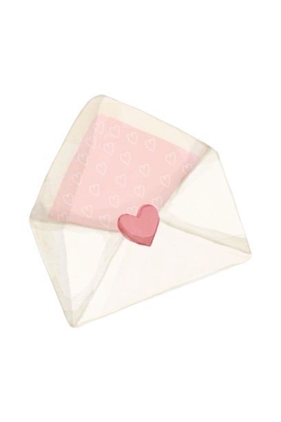 A white envelope with a pink card inside featuring white hearts, sealed with a pink heart-shaped sticker.