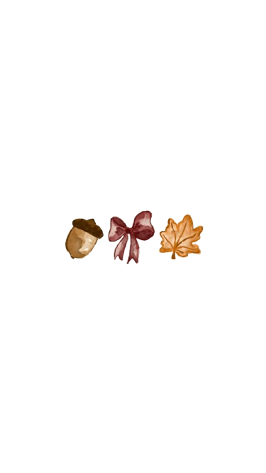 Decorative autumn-themed elements including an acorn, a bow, and a maple leaf.