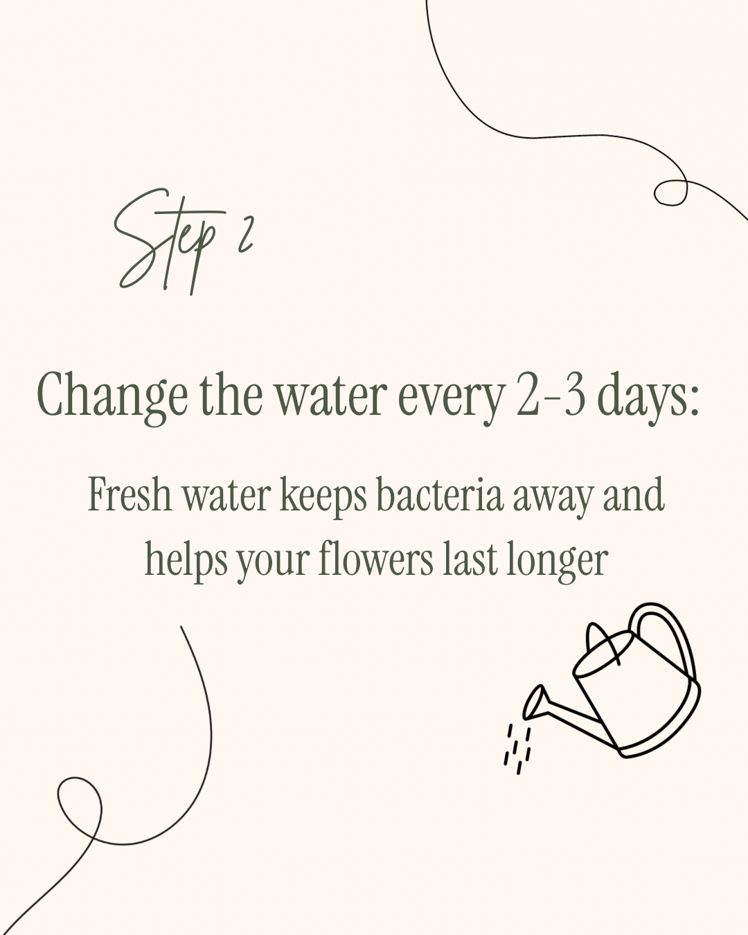 Step 2: Change the water every 2-3 days; illustration of a watering can pouring water.