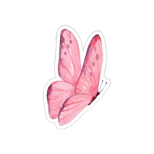 Pink watercolor butterfly sticker with black antennae on a white background.
