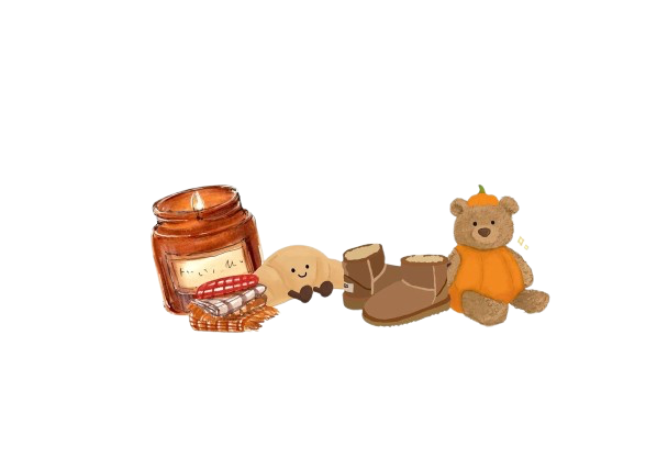 A lit candle in a brown jar, a stuffed animal dog, a pair of brown boots, and a teddy bear wearing an orange dress and hat arranged on a black background.