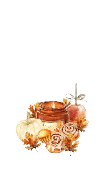 Autumn-themed candle surrounded by white pumpkins, a red ceramic apple, cinnamon rolls, and fall leaves.