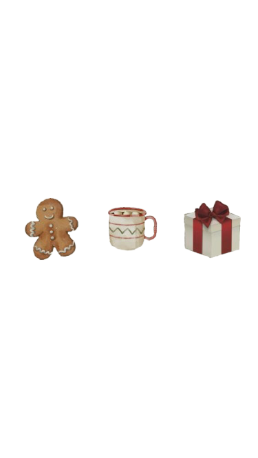 Gingerbread man, mug, and wrapped gift box with a red ribbon.