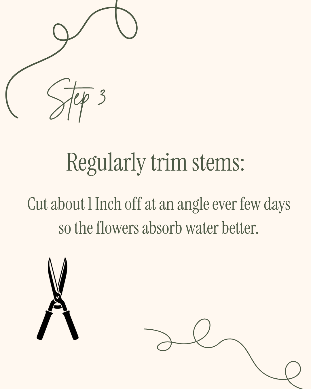Guidance on trimming flower stems, showing scissors icon, with decorative lines and text about cutting stems at an angle for better water absorption.