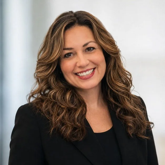 Professional woman with wavy brown hair smiling, wearing a black blazer and black top, indoors with a light background.
