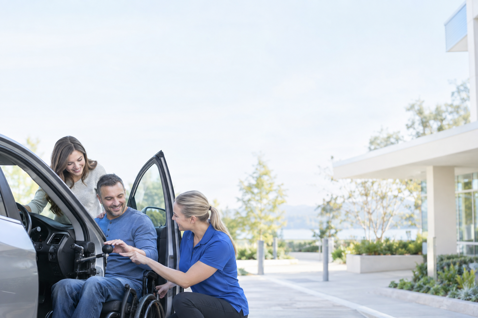 A man in a wheelchair and a woman sitting in the wheelchair engaging with a female staff member outdoors near a building with trees in the background.