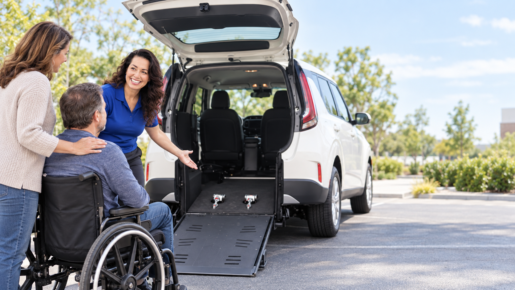 A woman in a blue shirt is smiling and gesturing towards a wheelchair user in a wheelchair, showing a ramp for wheelchair accessibility, with a white van in an outdoor parking lot.
