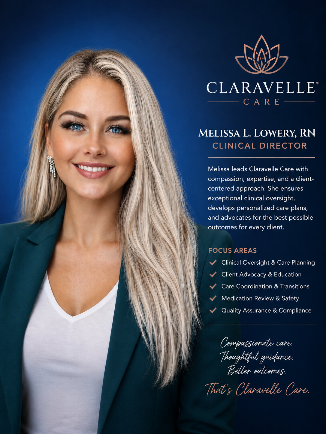 A professional woman with long blonde hair smiling, wearing a teal blazer and white top, promoting Claravelle Care with her title Melissa L. Lowery, RN, Clinical Director.