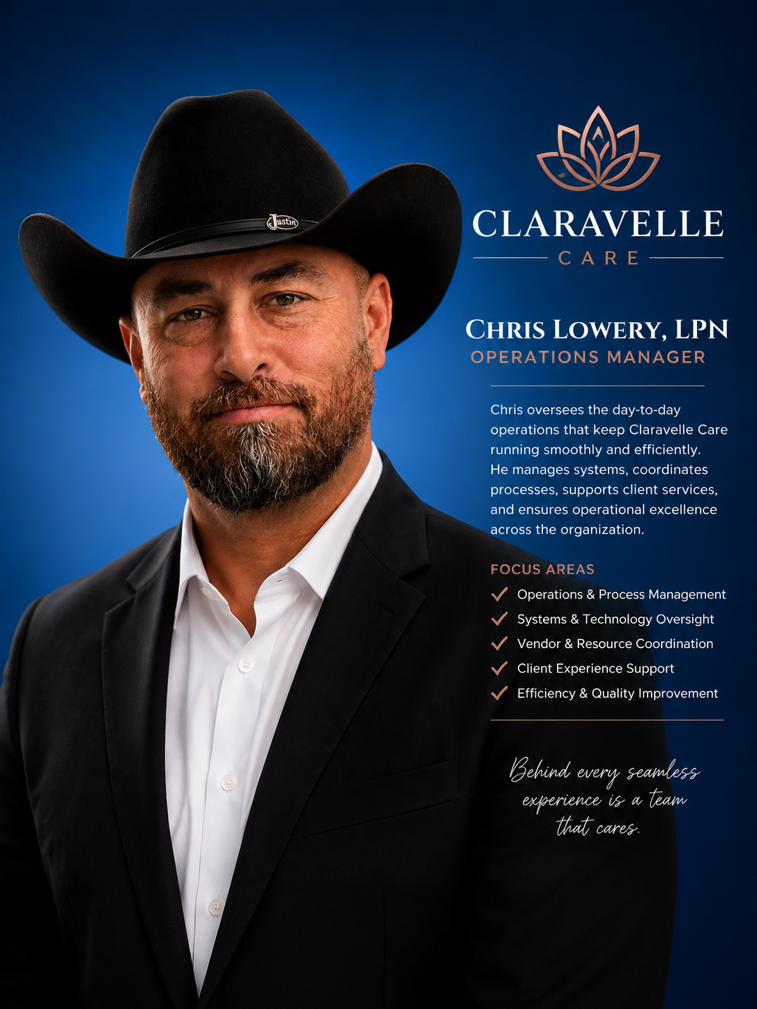 Professional portrait of Chris Lowery, a man in a black cowboy hat and suit, with a beard, standing against a blue background, with text highlighting his role as Operations Manager at Claravelle Care.