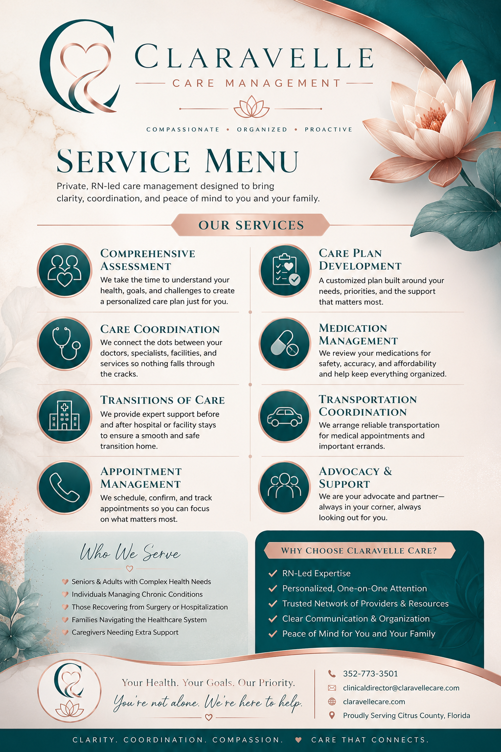 A service menu for Claravelle Care Management with services such as assessment, care plan development, care coordination, medication management, transitions of care, appointment management, transportation coordination, and advocacy and support. The menu is decorated with floral graphics and icons, and includes contact information and reasons to choose Claravelle Care.
