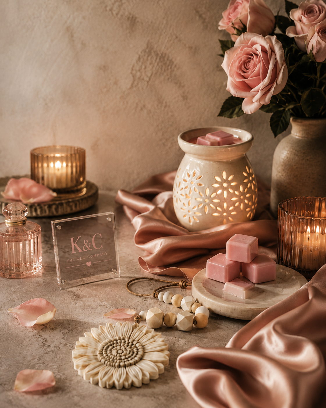 Decorative scene with pink roses in a vase, pink candles, pink soap bars, a candle holder, a beaded necklace, a floral ornament, rose petals, and a sign with